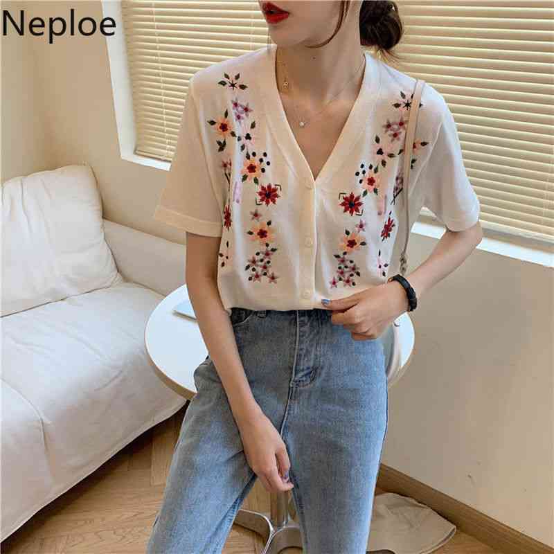 Neploe Women Sweater Coat Summer V Neck Embroidery Knitted Cardigan Jacket Short Sleeve Single Breasted Thin Vintage Tops 4l165 210422