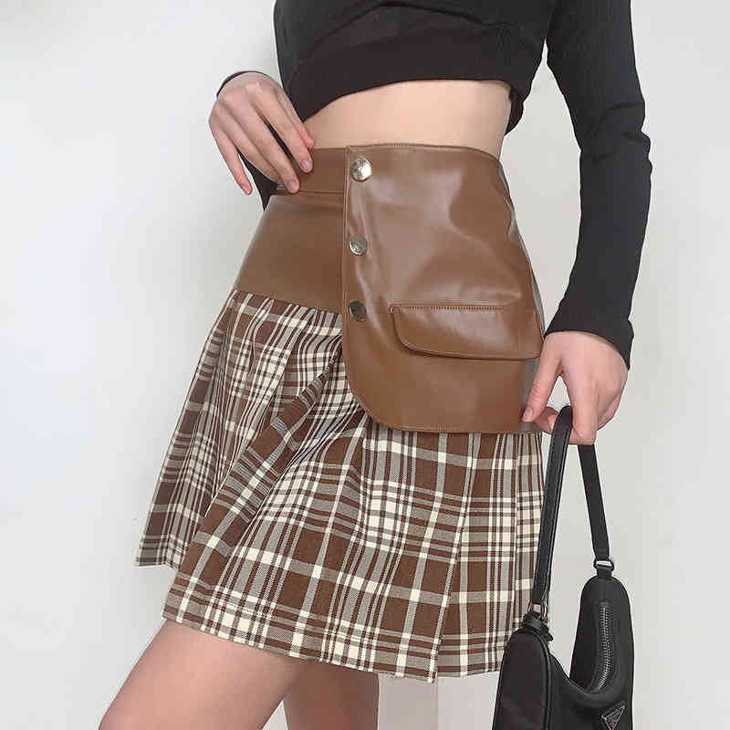 Women skirt fashion women PU leather patchwork A-line pleated Mini Skirts for female styled girls plaid skirts 210524