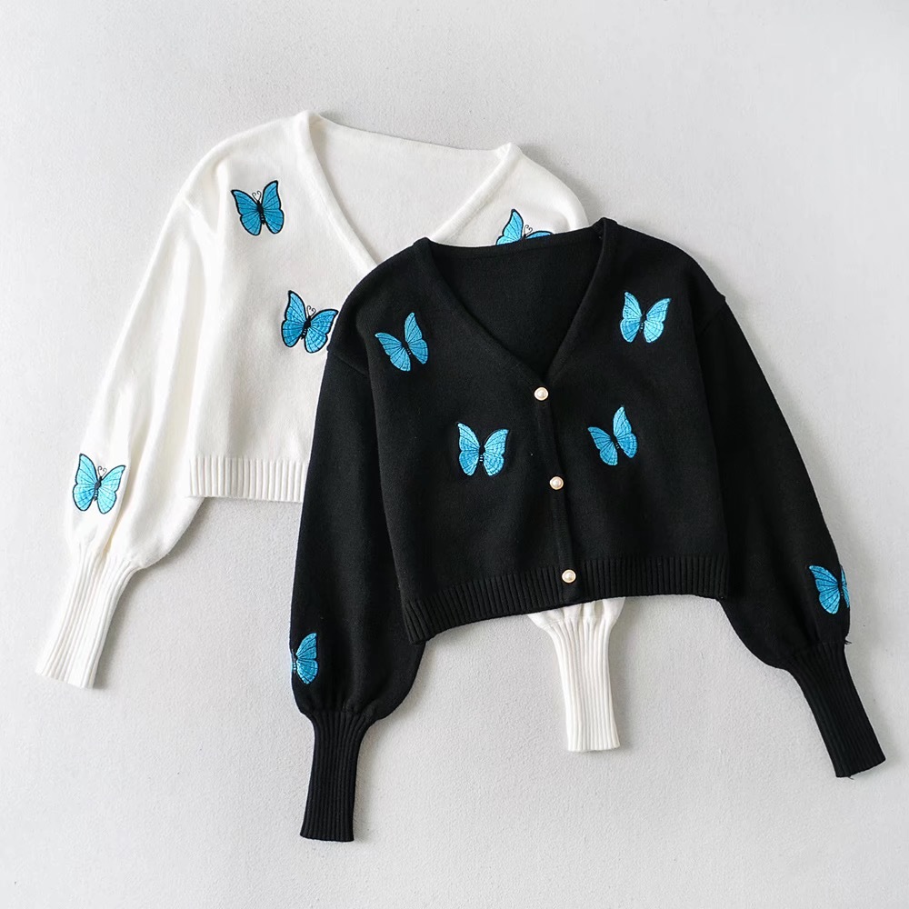 Retro Embroidery Butterfly Cardigan Korea style Long sleeve Knitted Sweater Slash Collar Package hips Midi Dress 1 Set 210429
