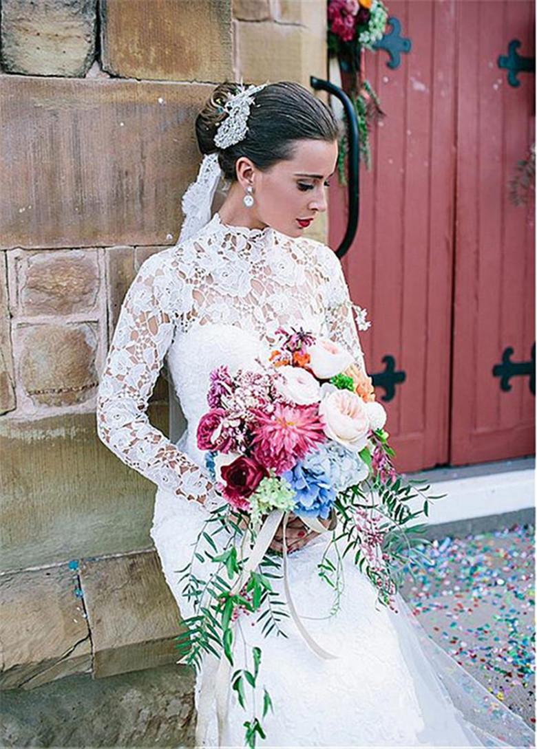 Vintage Lace Mermaid Wedding Dresses Country Bridal Gown High Neck Long Sleeves Floor Length Plus Size Custom Made Vestidos De Novia