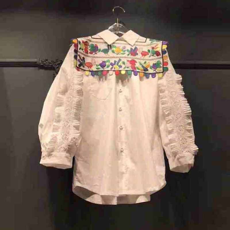 Embroidered Patchwork Shirt Women's Spring Lapel Long Sleeve Loose Pleated Top Blouse Female Fashion 5B143 210427