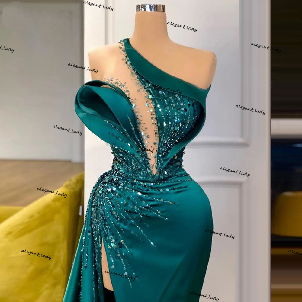 Split Slit Prom Dresses One Shoulder Beaded dubai arabic hunter Evening Gowns 2 Styles Long Party Night Dress Vestido De Fiesta