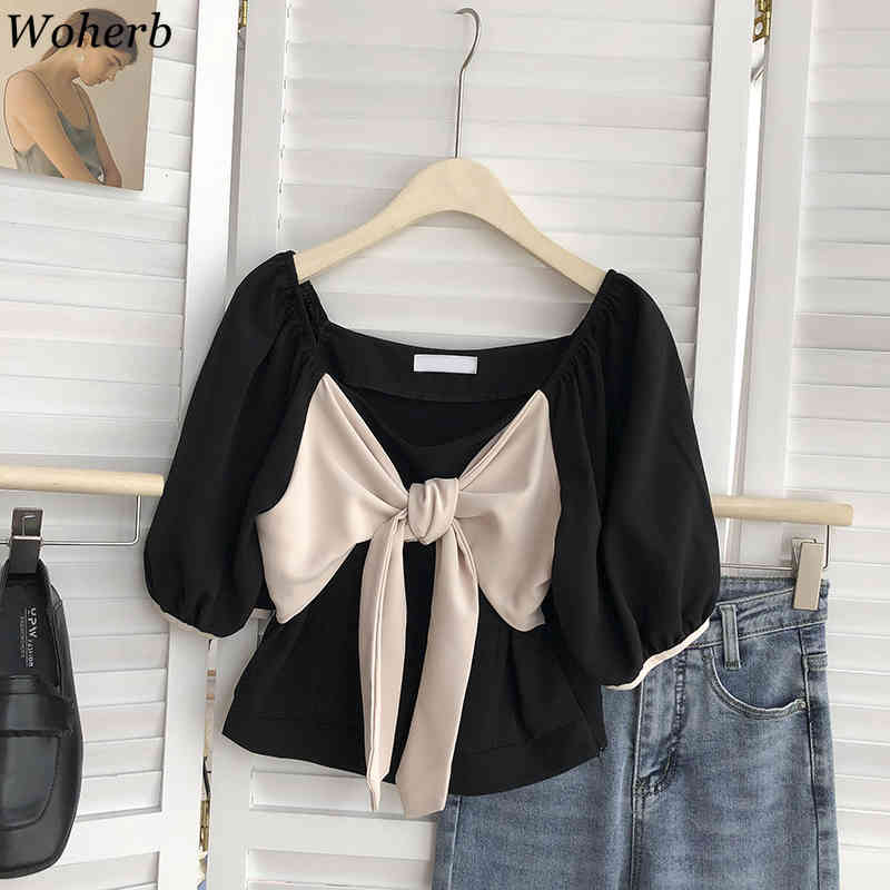 Sweet Bow Bandage Shirt Korean Women Square Collar Blouse Summer Puff Sleeve Crop Top Fashion Short Blusas Mujer 210519