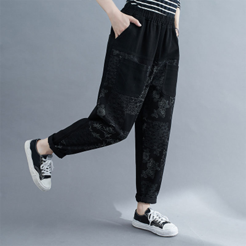 Autumn Arts Style Plus Size Women Jeans Elastic Waist Vintage Print Cotton Denim Harem Pants Femme Loose S47 210512