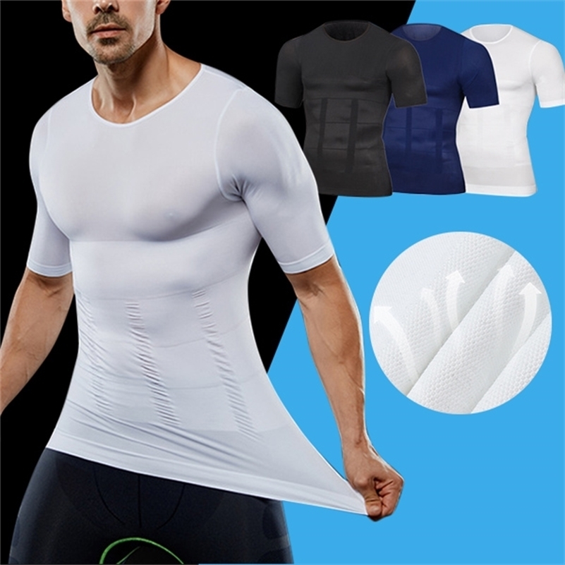 Men's Slimming Shaper Posture Corrector Compression T-Shirts Tummy Control Body Building Fat Burnning Chest Corset 210324Z