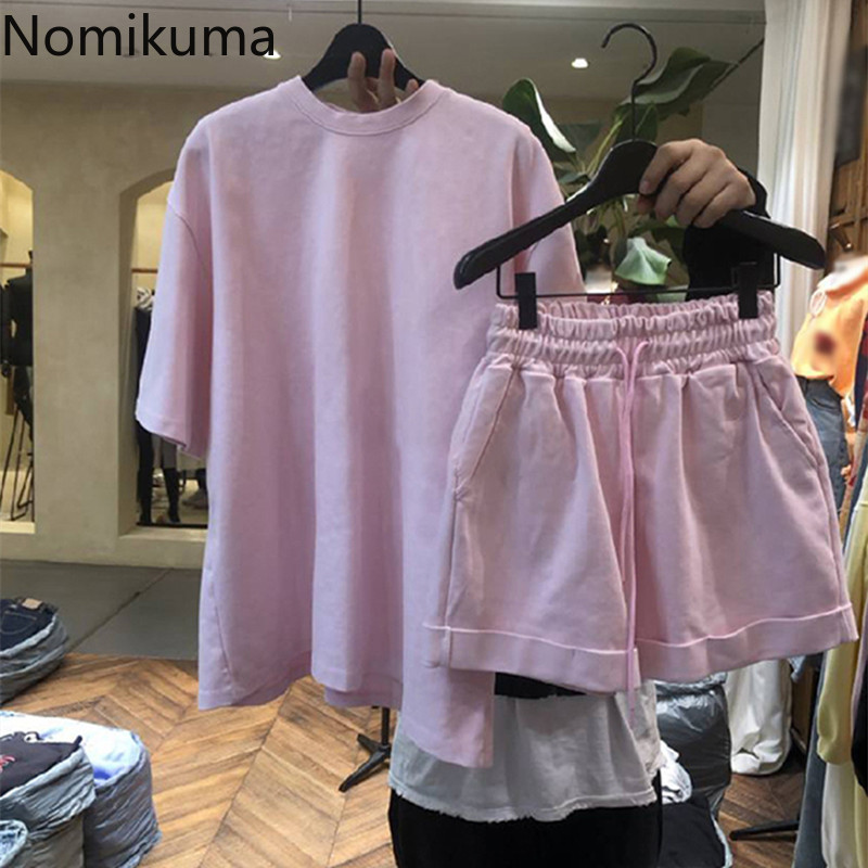 Nomikuma Spring Summer 2pieces Sets Short Sleeve O-neck Causal T Shirts + Lace Up High Waist Shorts Korean Outfits 6F864 210427