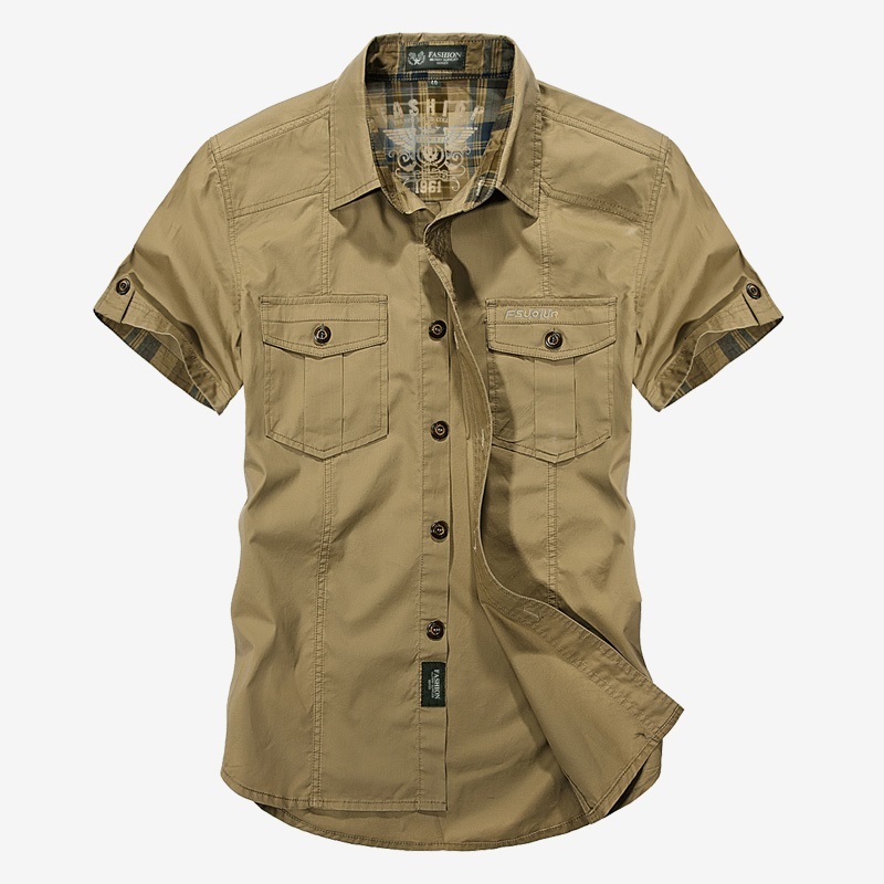 Military Shirt Men Cotton Tooling Casual Short Sleeve Loose Army Pockets Breathable Dress Shirt Male 210518