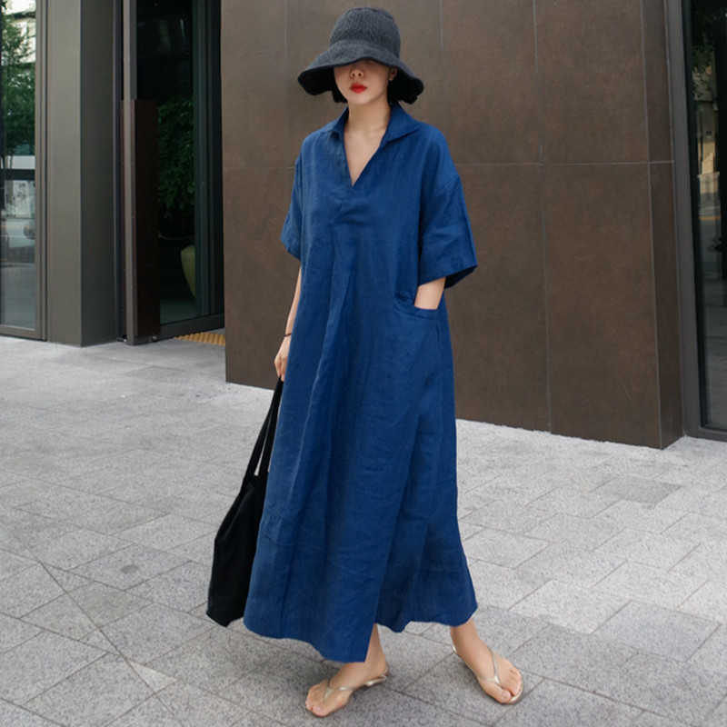 Johnature Women Vintage Cotton Linen Dresses V-Neck Solid Color Robes Summer Short Sleeve Pockets Female Loose Dresses 210630