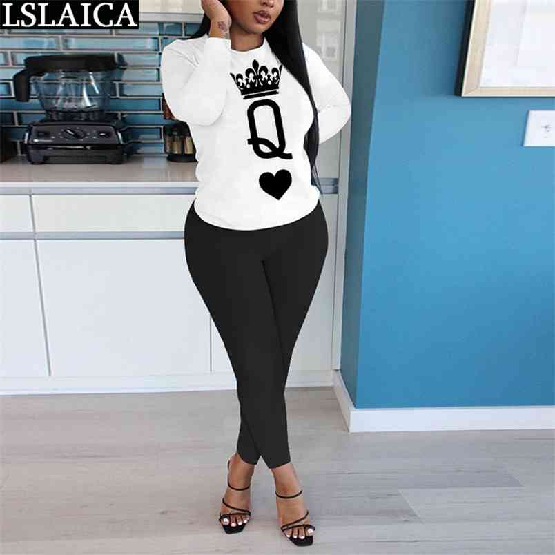 Women Sets Clothes Autumn Winter Long Sleeve Tops&woman Pants Sweat Suits Elegant Sporty Poker Print Two Piece Set 210515
