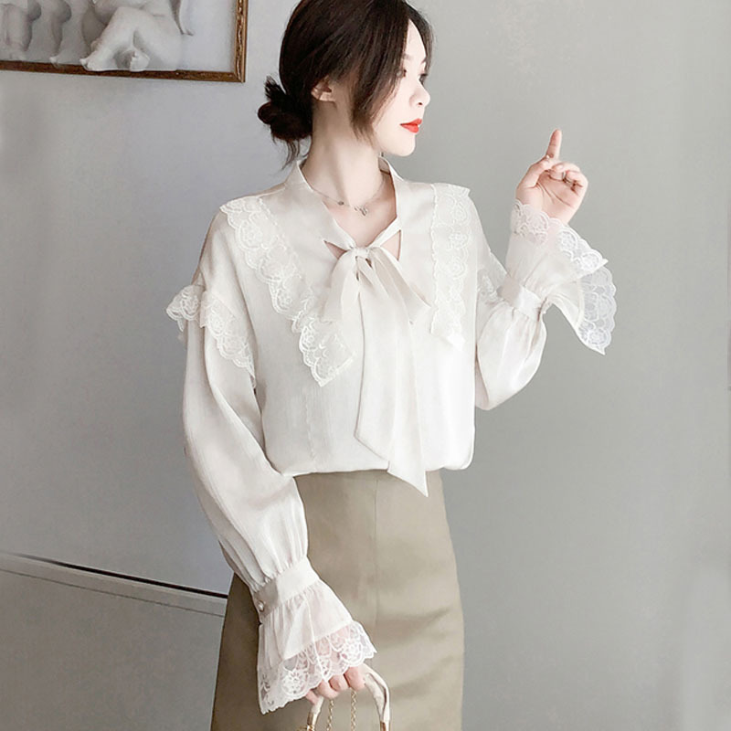 Hong Kong Style Retro Chiffon Shirts Women Strappy Shirt Spring Lace Ruffled Trumpet Sleeve Top Woman's Blouses 13210 210427