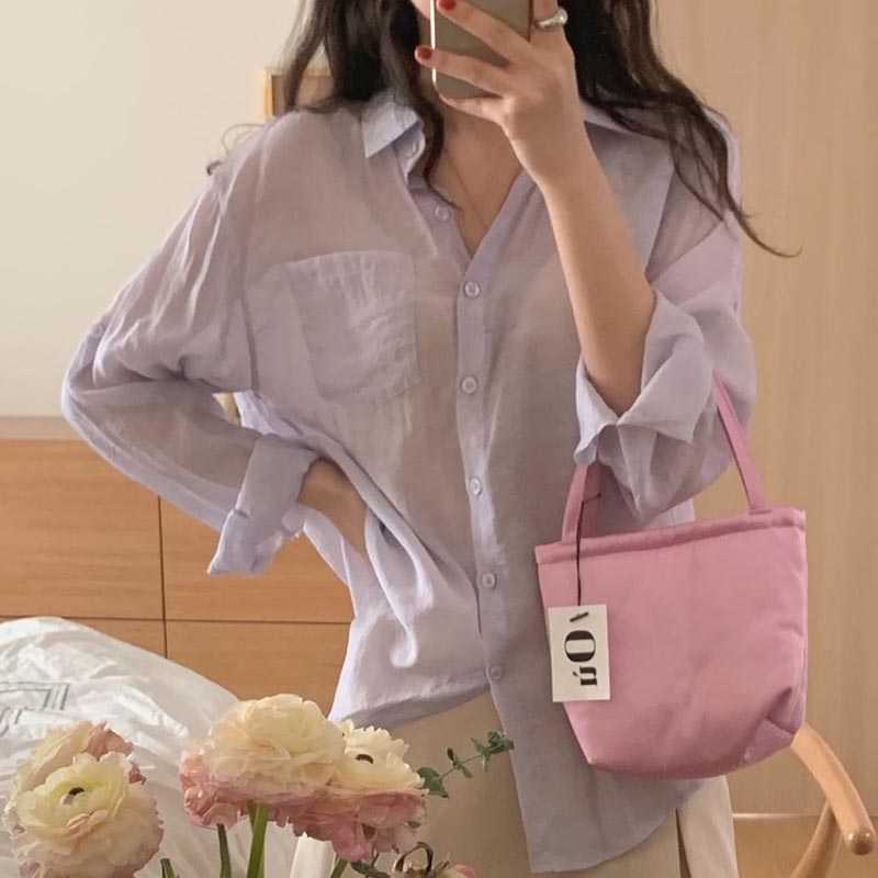Korejpaa Women Shirt Korean Style Fashion Simple Single-row Buckle Loose Casual Outer Wear Long-sleeved Blouse Top Girl Blusas 210526