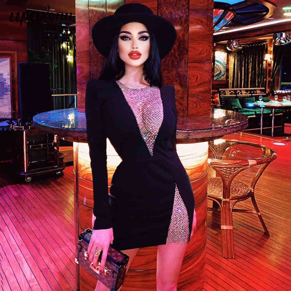 Free Women's Mini Bandage Dress Hollow Fishnet Long Sleeve Sexy Side Open Celebrity Runway Party 210524