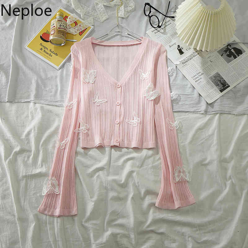Neploe Knitted Thin Sweater Women Korean 3D Butterfly V-neck Flared Sleeve Cardigan Sun Protection Slim Fit Cropped Tops 4I613 210422