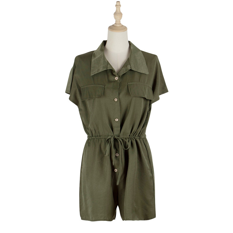 Turndown Collar Drawstring High Waist Button Up Shirt Romper Women Summer Cap Sleeve Solid Casual Playsuit Female 210510