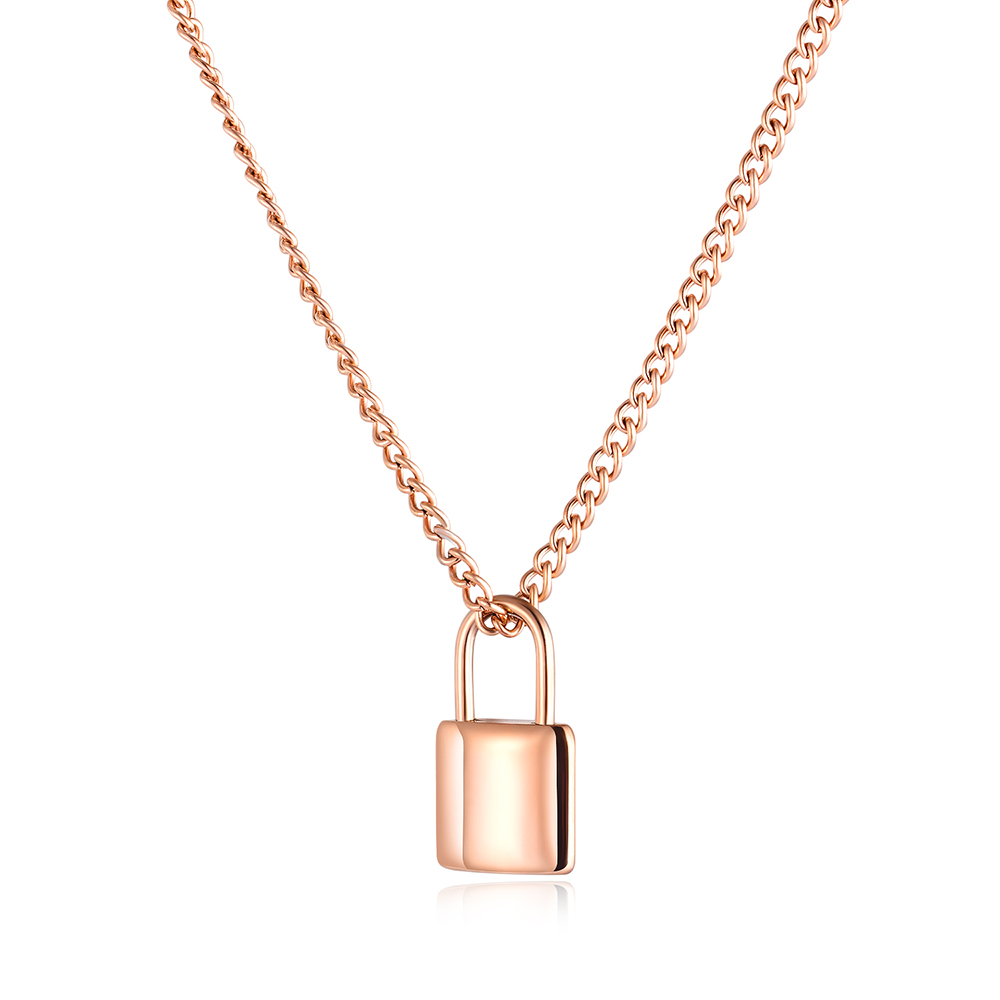 Stainless Steel Charm Lock Pendant Necklace 14K Gold Plated Clavicle Chain