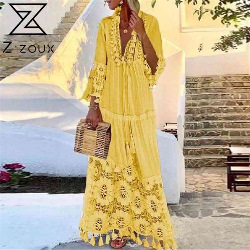 Women Dress Deep V Neck Flare Sleeve Lace Maxi es Tassel Bohemian Loose Casual Plus Size Beach es Autumn 210513