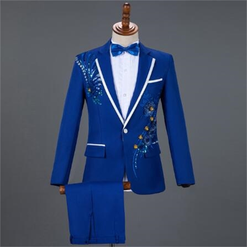 White Embroidered Diamond Suit Men Wedding Groom Tuxedo Suits Mens Stand Collar Prom Stage Costume Mens Suits with Pants Ternos 210524