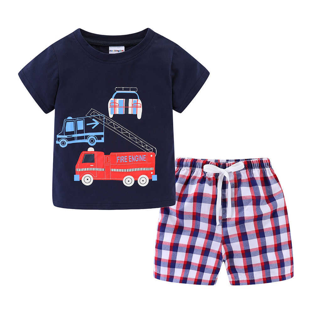 Mudkingdom Summer Plaid Short Set for Boys Beach Holiday Outfits Dinosaur Cute T-Shirt and Drawstring Kids Clothes Suit 210615
