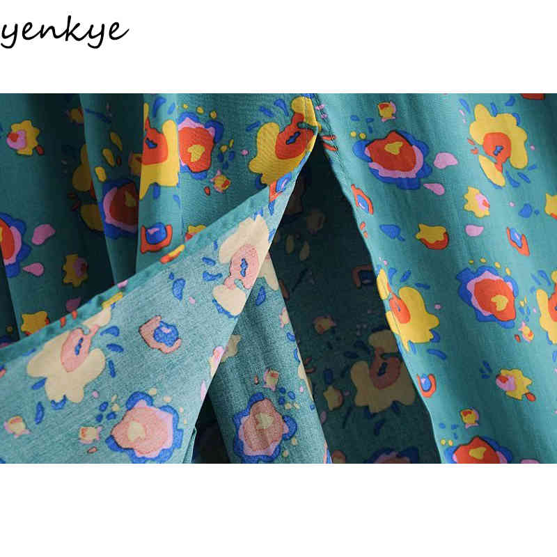 YENKYE Vintage Green Floral Print Dress Women Sexy Square Neck Long Sleeve A-line Midi Lady Dresses Holiday Summer Vestido 210515
