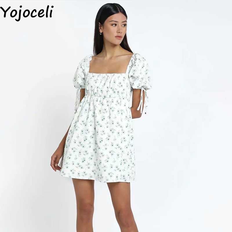 Yojoceli Elegant daisy print fitness short dres Summer beach casual daily square neck Sexy cute female mini es 210609