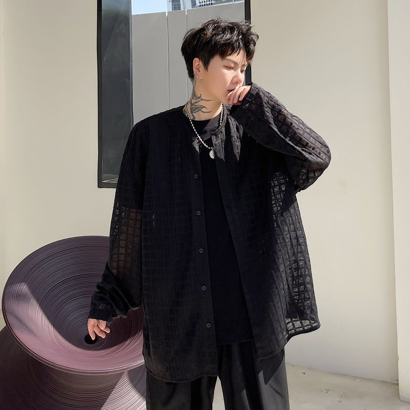 IEFB Summer Solid Color Plaid Mesh Round Neck Loose Men's Long Sleeve Sunscreen Shirt O-neck Casual Oversized Tops 9Y7517 210524