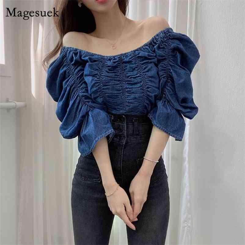 Korean Slash Neck Off-shoulder Blue Blouse Women Summer Sexy Denim Tops Short Sleeve Chic Pleated Loose Shirt 14520 210518, Dark blue
Korean Slash Neck Off-shoulder Blue Blouse Women Summer Sexy Denim Tops Short Sleeve Chic Pleated Loose Shirt 14520 210518, Dark blue