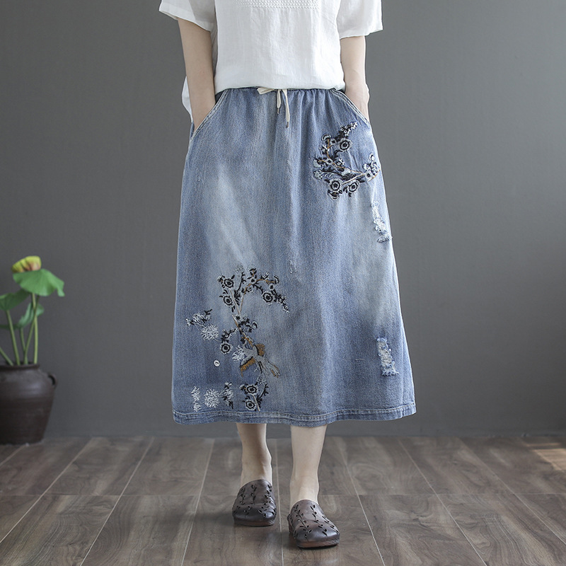 Johnature Autumn Retro Embroidery Elastic Waist Denim Half Skirts Loose Leisure All-match Women Fashion Lace Up Skirt 210521, Light blue
Johnature Autumn Retro Embroidery Elastic Waist Denim Half Skirts Loose Leisure All-match Women Fashion Lace Up Skirt 210521, Light blue