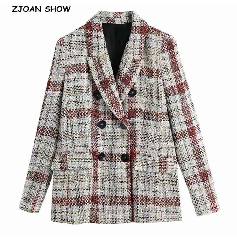 Spring CHIC Women Weave Tweed Gingham Plaid Blazer Retro Elegant Double-breasted Buttons Suit Female Fashion Vintage Coat 210429
