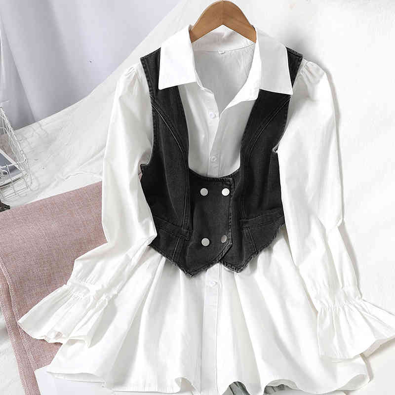 Nomikuma Spring New Blouse 2 Piece Suit Medium-long Puff Sleeve Blouse Shirt + Double Breasted Demin Vest Korean Sets 6D981 210427