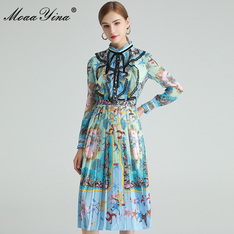 Fashion Designer dress Spring Women' Dress Long sleeve Lace Ruffles Starfish Shell Conch Print Pleated Dresses 210524, Multi
Fashion Designer dress Spring Women' Dress Long sleeve Lace Ruffles Starfish Shell Conch Print Pleated Dresses 210524, Multi