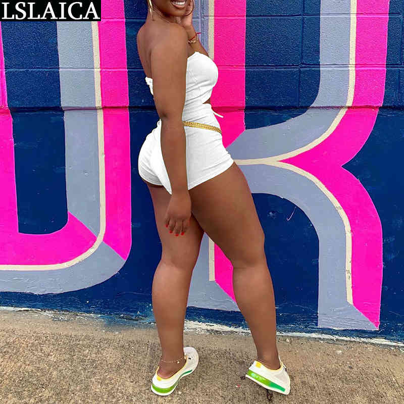 Tube Top Two Piece Set Summer Strappy Sleeveless Clothes For Women Casual Solid Shorts Tracksuit Pantalones Cortos De Mujer 210520