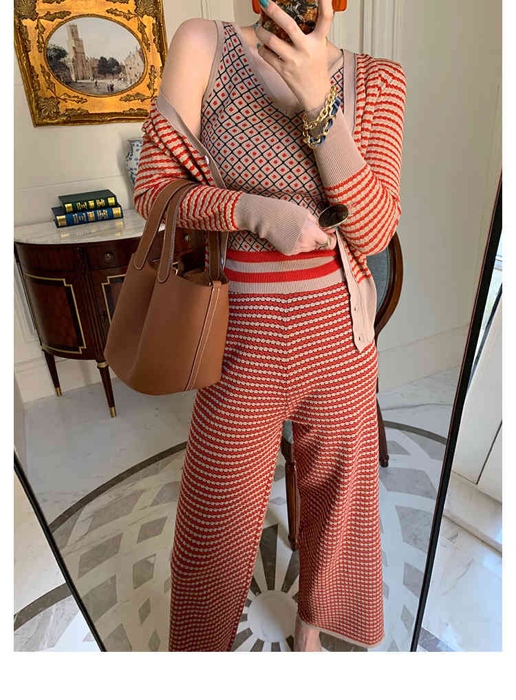 fashion Colour Striped Cardigan Jacket + Suspender Vest Side Slit Skinny Broad-legged Pants Women Spring Autumn Outfit 210519