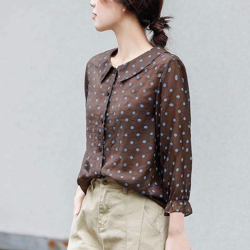 Spring Autumn Korea Fashion Women 3/4 Sleeve Polka Dot Print Loose Shirts Sweet Cute Peter Pan Collar Blouses Tops V56 210512
