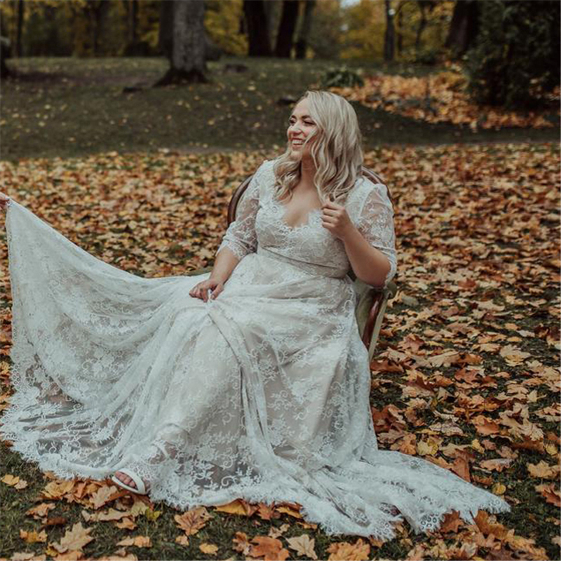 Lace Wedding Dresses Boho Bridal Gowns Plus Size V-Neck Backless 3/4 Long Sleeve Bohemian Bride Dress SImple Vestidos De Novia