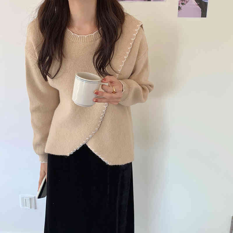 Comelsexy Chic Women Fashion Retro Criss-Cross O-Neck Knitwear Sweater Elegant Loose Casual Solid Soft Korean Pullovers 210515