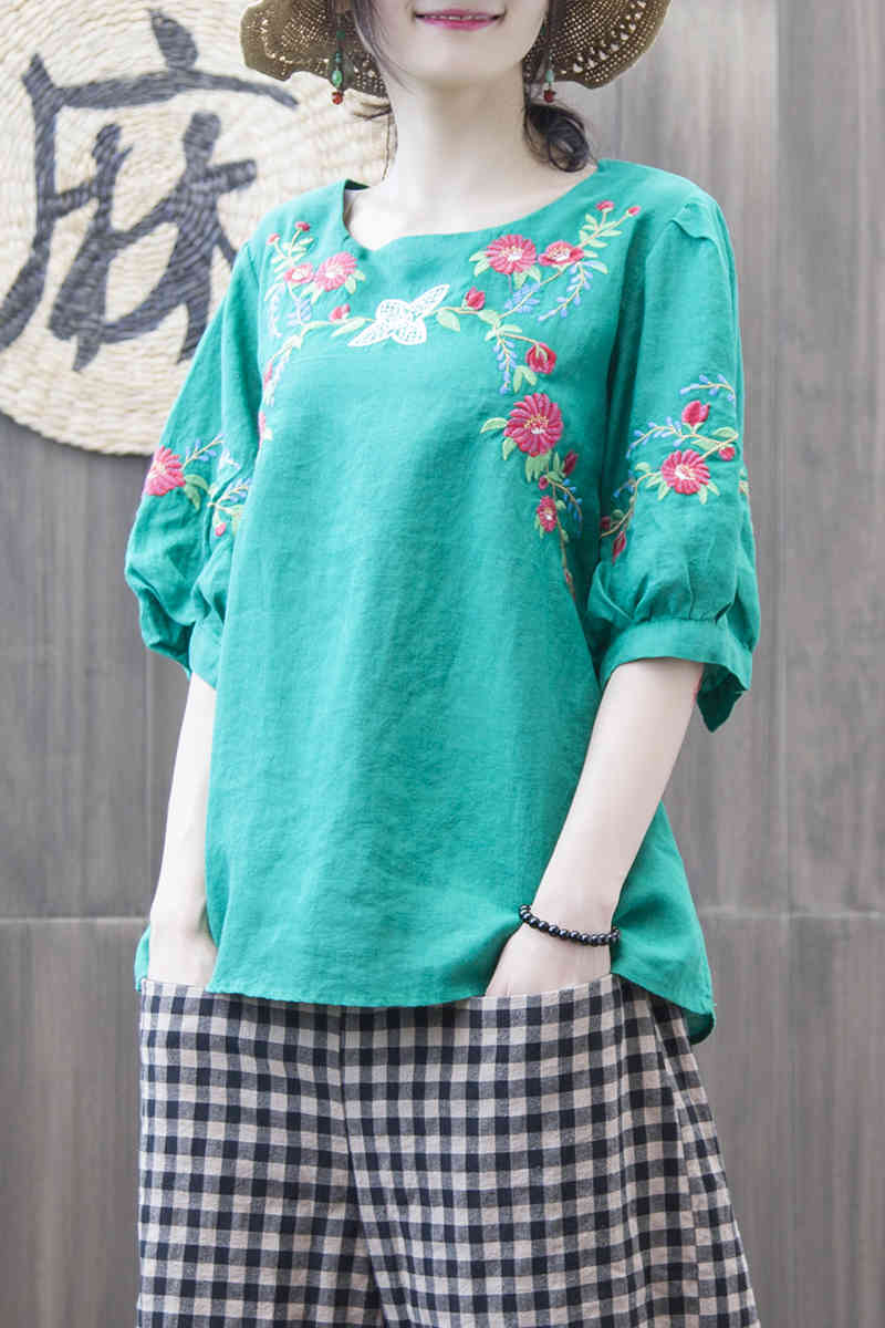 Summer Style Women Tshirt Plus Size Lantern Sleeve Loose O-neck Tops Floral Embroidery Vintage Femme linen Tee Shirt MMX01 210512
