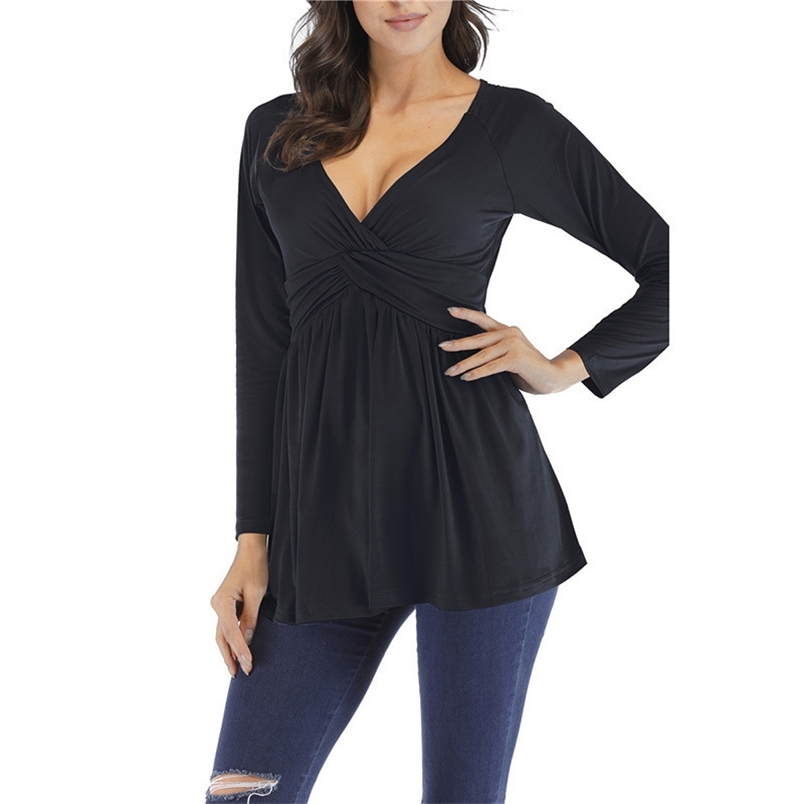 Woman Basic Tshirt Sexy V-neck Long Sleeve Ruched A-line Loose Pullover 90s Women's Oversize T-shirt Streetwear Women Shirt Blue 210604
