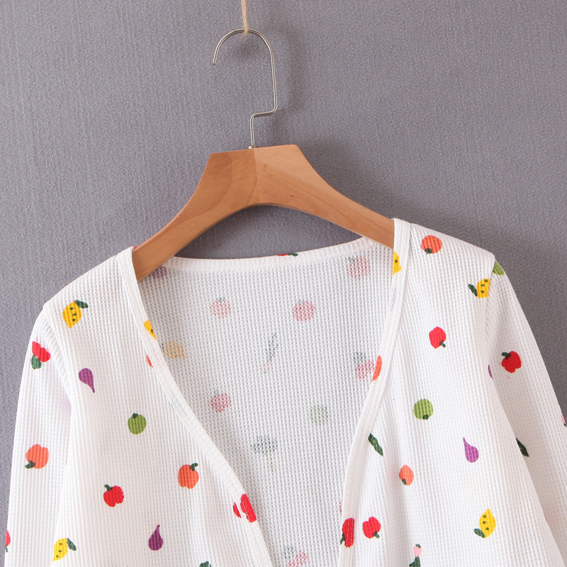 two pieces suit woman white V-neck long-sleeved sweet slim holiday fruit print knitted cardigan tops + mini strap dress 210514