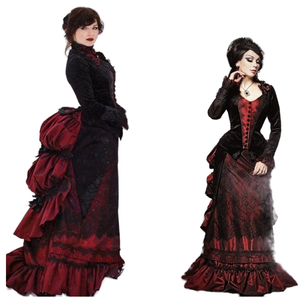 Vintage Gothic Black And Red Victorian Wedding Dress With Long Sleeve Jacket 2022 Floral Bustle Ruched Skirt Lace-up Corset Autumn Winter Bride Dresse