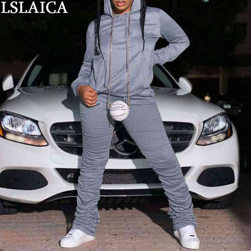 Long Sleeve Hooded Crop Top and Stacked Pants Two Piece Set Women Autumn Winter Casual Plus Size Female Sweat Suits Sportswear 210520