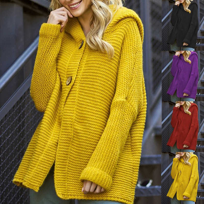 Fall Fashionable Sweaters Female Cardigan Single Breasted Hooded Black Knitted Ladies Casual Loose Winter Women Sweater 210604