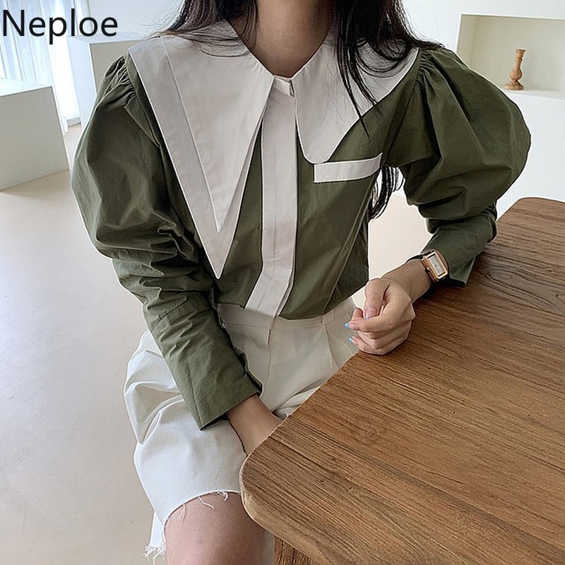 Neploe Women Blouses Irregula Peter Pan Collar Contrast Color Single Breasted Tops Korean Loose Long Sleeve Elegant Shirts 4h460 210422