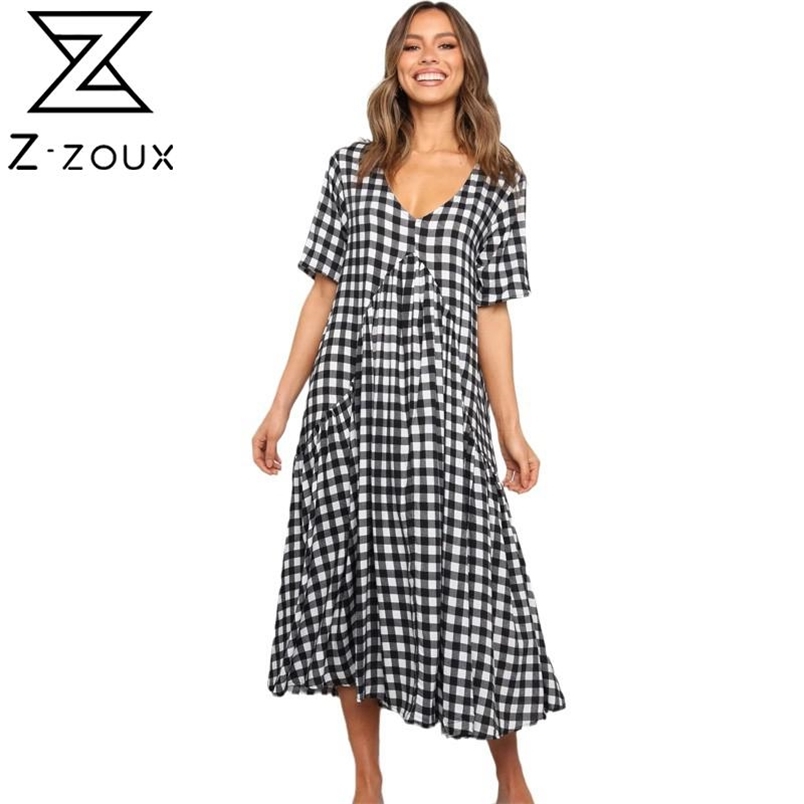 Women Dress Short Sleeve Deep V Neck Plaid Bohemian Dresses Loose Casual Large Hem Plus Size Long Summer 210513