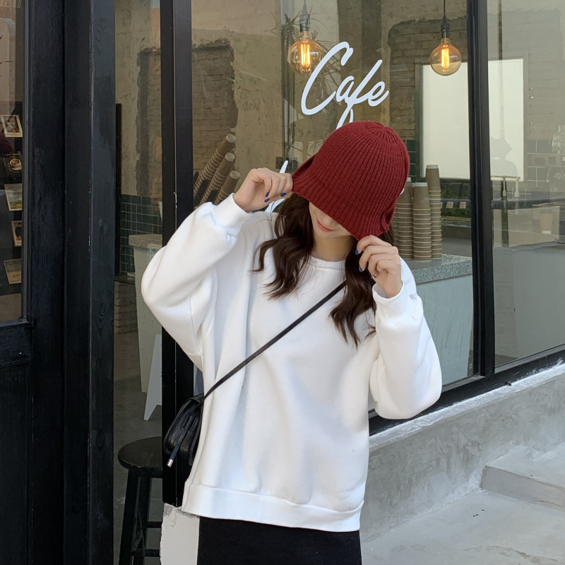 Solid O-neck Pullovers Hoodie Woman Korea Long-sleeved Loose Sweatshirts Women Casual Plus Cashmere Women's Winter Tops 210515
