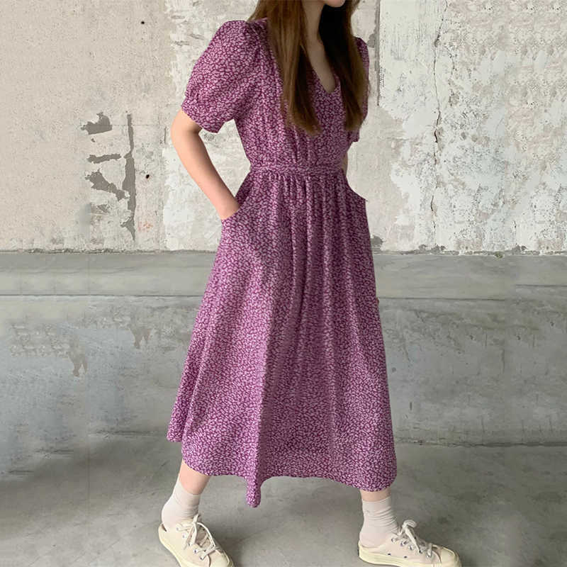 Korejpaa Women Dress Summer Korean Temperament Gentle Floral V-Neck Cross Tie Waist Slimming Pocket Puff Sleeve Vestidos 210526