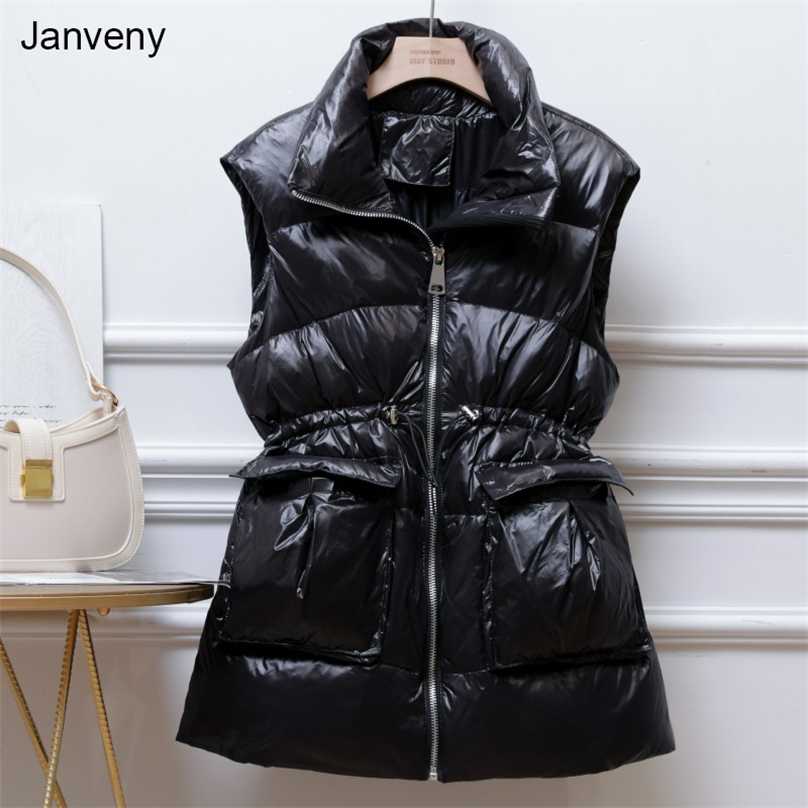 Janveny Winter Down Vest Women Mid-Length Slim Waistcoat 90% White Duck Down Jacket Female Gilet Sleeveless Windproof 211105
