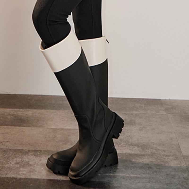 Boots Women Knight 2021 Autumn Winter PU Leather Block Heels Shoes Ladies Mixed Color Thick Bottom Zip Fashion Long Boot