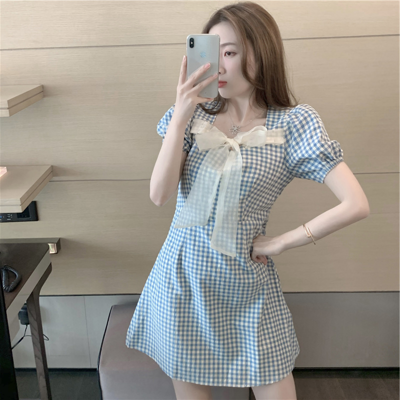 Summer Women Bowknot Plaid High Waist Dress Korean Fashion Elegant Casual Sweet Mini Vestido 210519