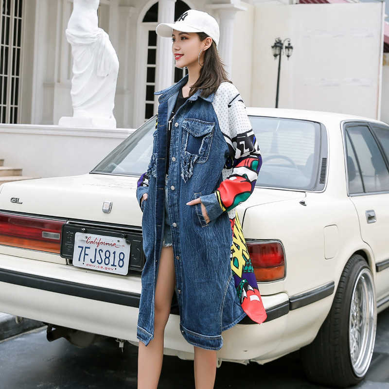 Cartoon Spring Printed Cowboy Patchwork Loose Long Big Size Denim Windbreaker Women Coat Fashion Trench korean B445 210820