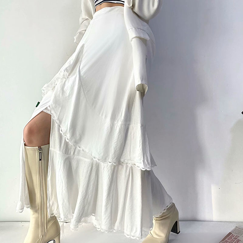 Skirt Woman White Lace Jupe Longue Femme Fairy Boho Taille Haute Ruffle Midi Blanche Spring Summer Faldas Largas Elegantes 210521